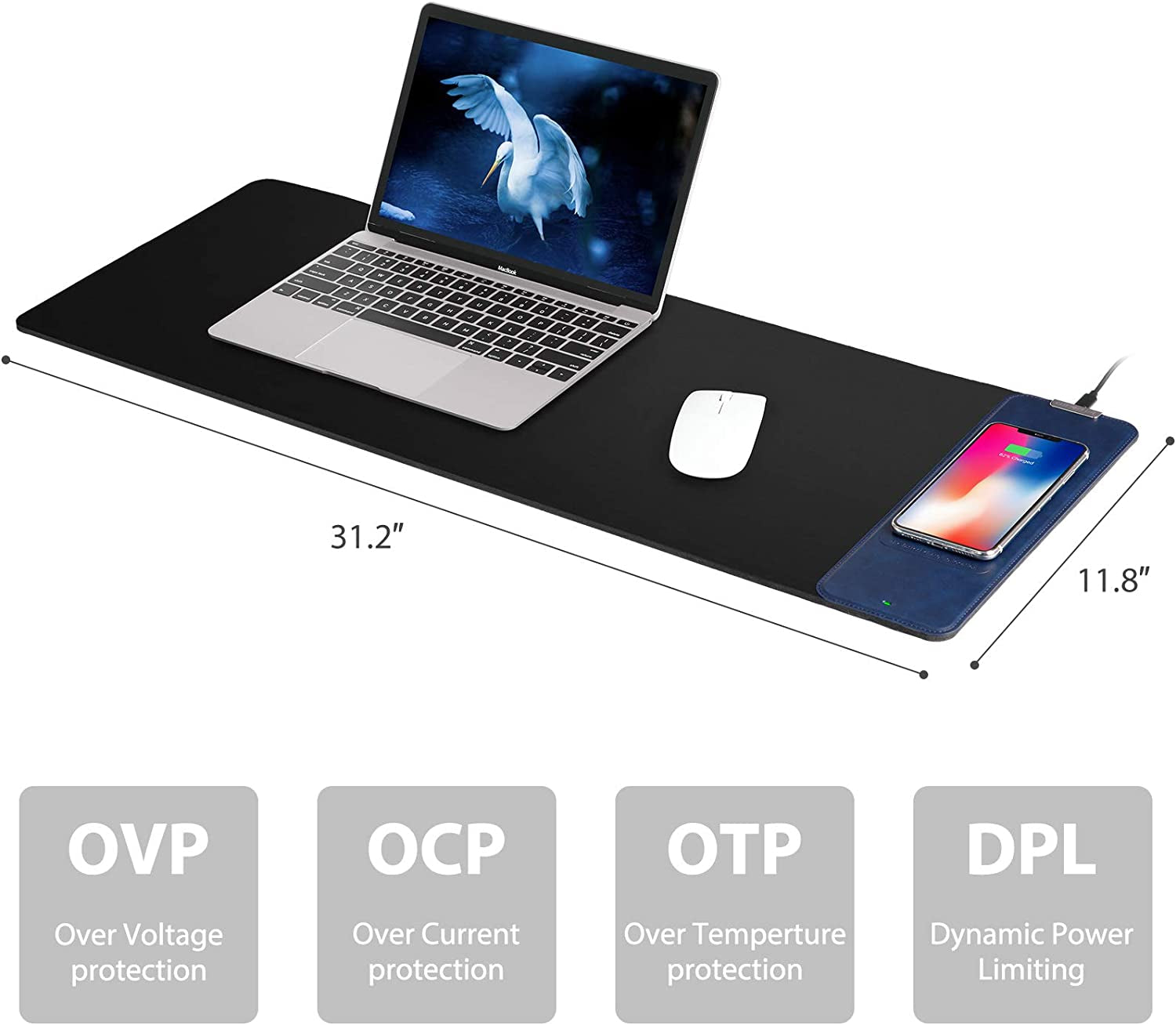 Wireless Charging Mouse Pad, Large Desk Mat Gaming Mouse Pad, Extended Mouse Pads for Desk, Long Desk Pad with Anti-Slip Rubber Base Computer Mousepad Keyboard Pad Desk Writing Pad for Home Office